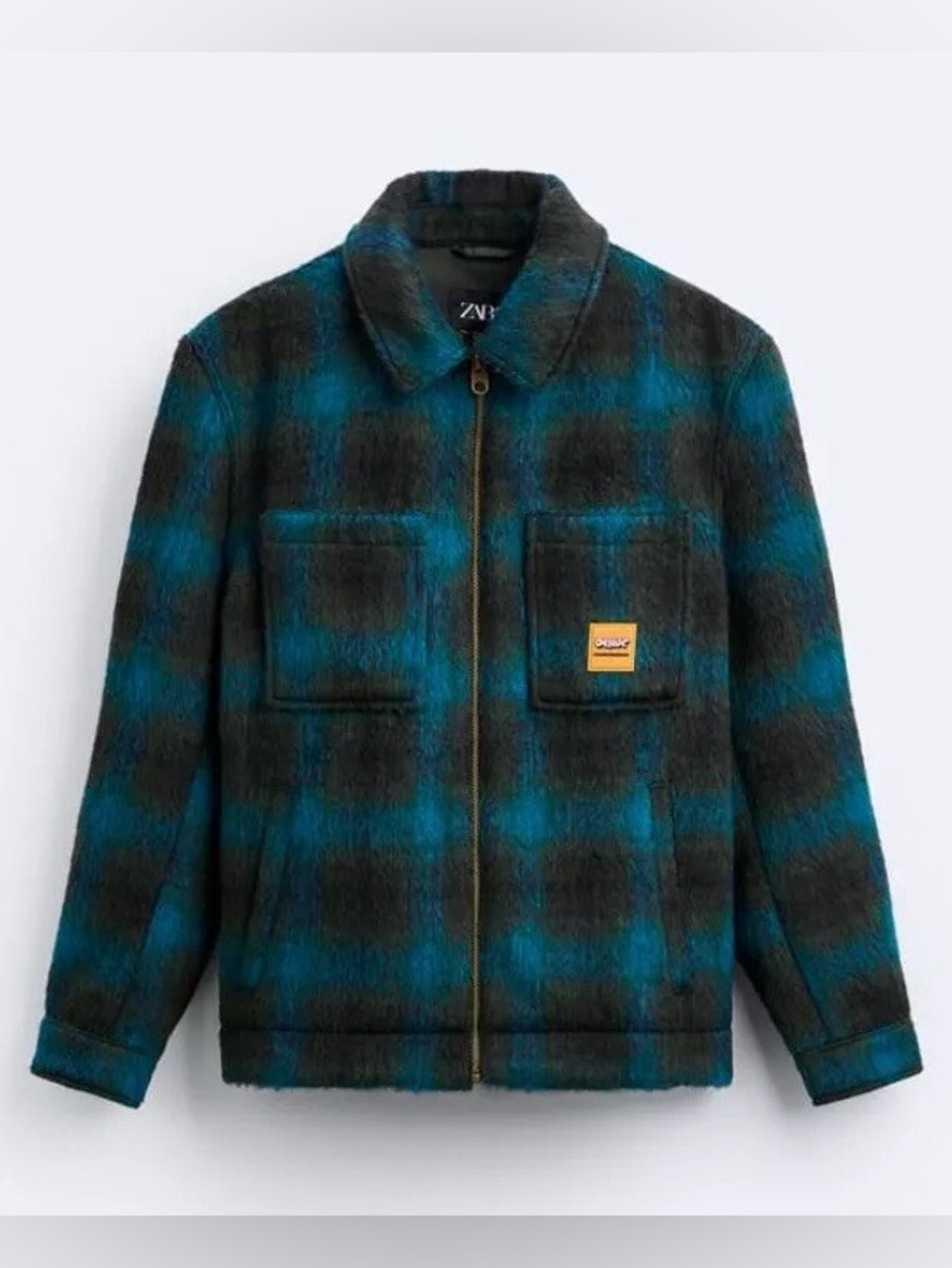 Zara DNWR L Teal Blue Brown Plaid Jacket Coat Patches Mens Unisex Zip Up fuzzy